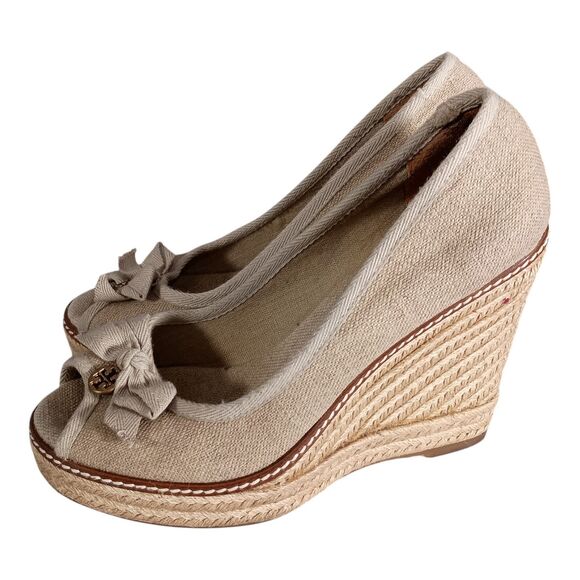 Tory Burch Jackie Espadrille Wedge Sandal Shoe Bow Peep Toe Beige Canvas 8.5 B - Picture 6 of 11